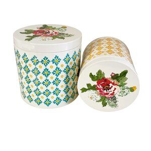 Pioneer Woman Metal Canister Set Floral Geometric Pattern 2 Piece Colorful